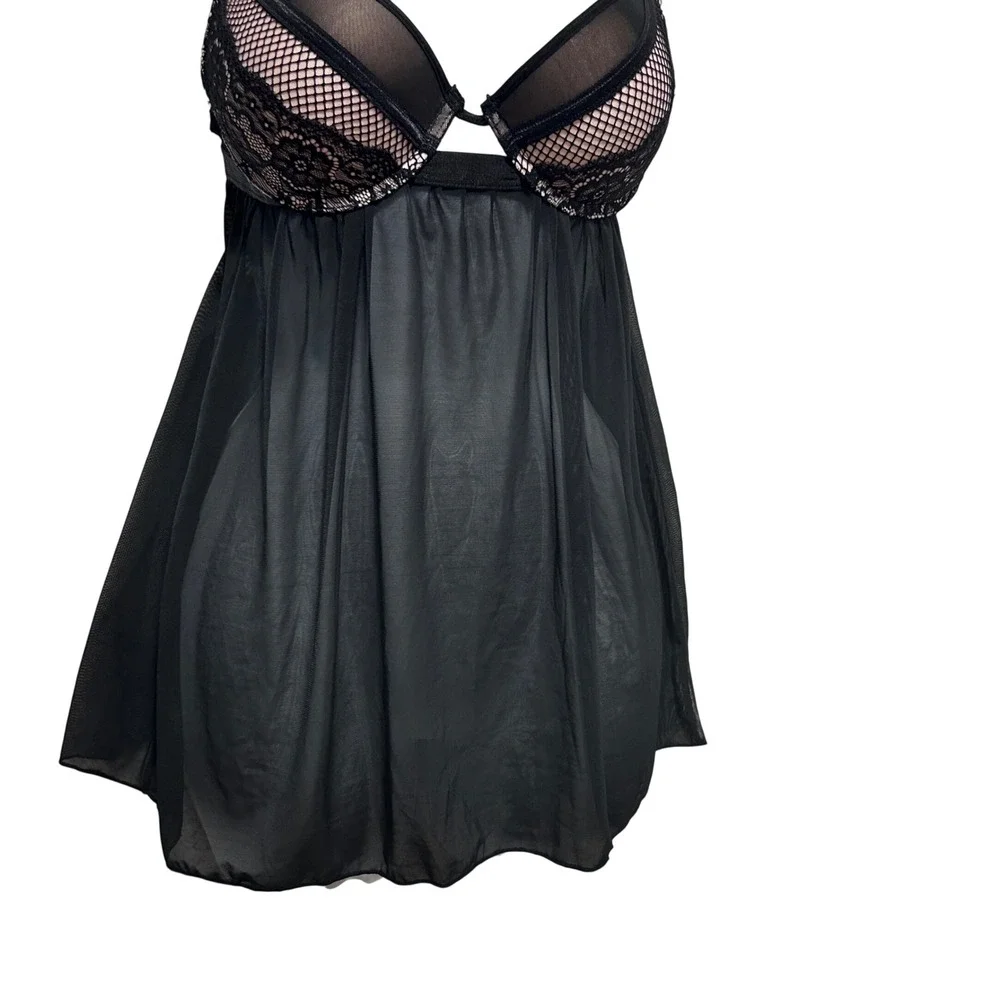 Black Sheer Mesh Babydoll Lingerie M Underwire Lace Fishnet Trim Chemise Nightie